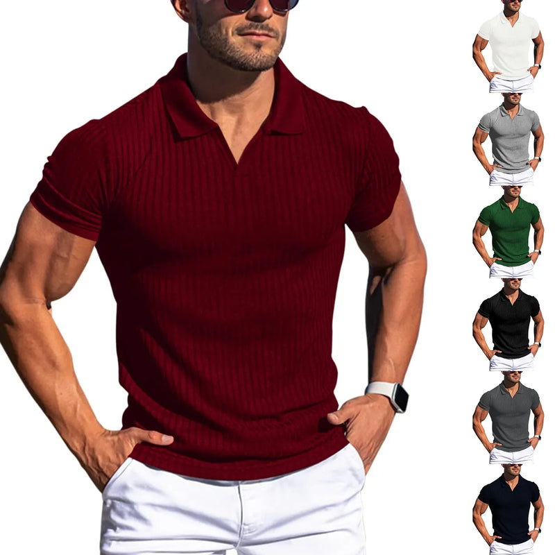 Men Turn Down Collar Short Sleeve Slim T-shirts Summer Male Solid Knitted Tee Tops LXDZ-KJ-P6-V