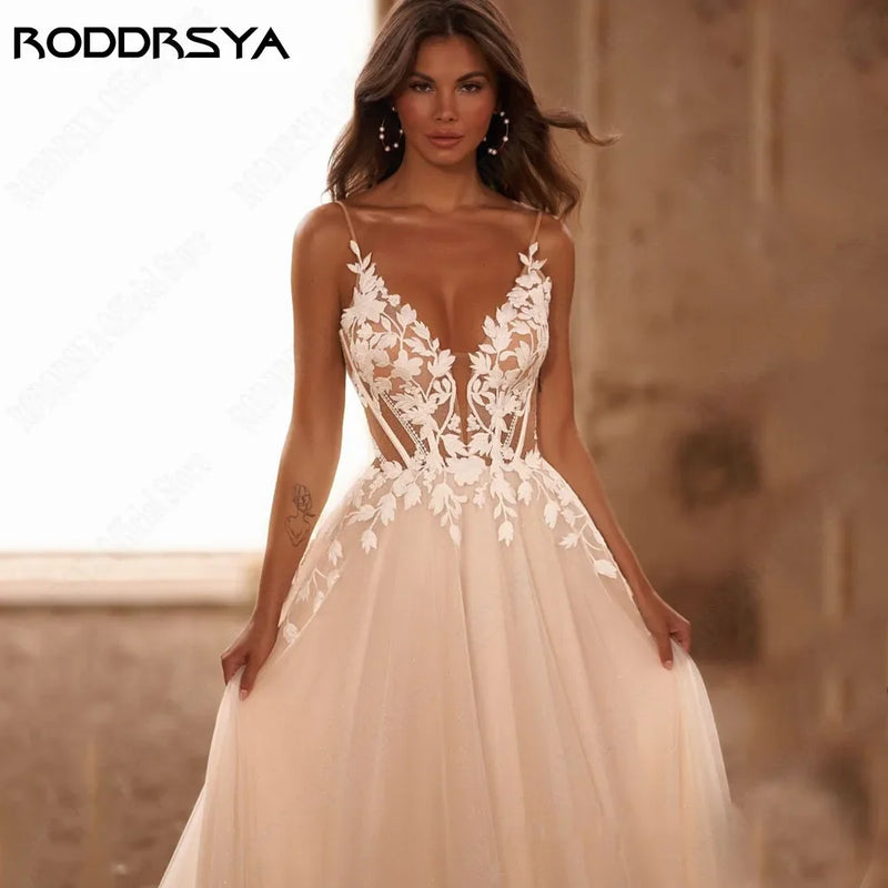 RODDRSYA Spaghetti Straps Glitter Wedding Dress Women V-Neck Applique Backless Boho Vestidos De Novia Sweep Train Customized