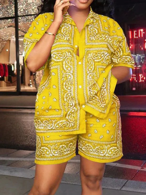 2 Pieces Set Sexy Plus Size Summer Fashion Women Set Female Tops Short Sleeve Shirt Tops And Shorts Suit Matching Outfit