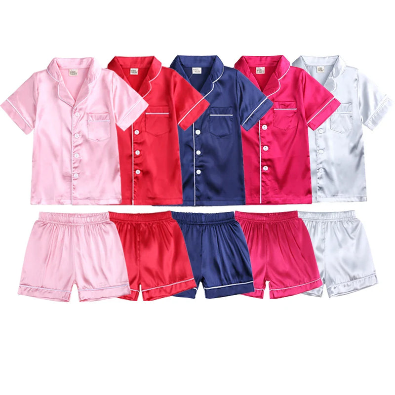 2Pcs Red Satin Pyjamas Kids Sets Boys Girls Solid Silk Children's Pajamas Clothes Toddler Lounge Pjs 2-12T Baby Clothing