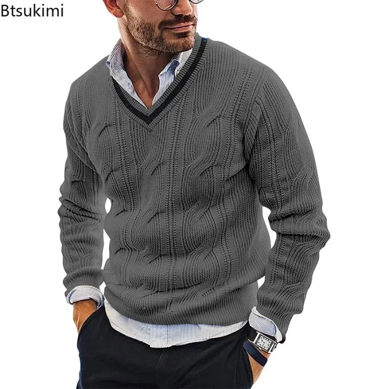 New2025 Men's Winter Knitted Sweater V-Neck Knitted Pullovers Club Party Solid Slim Warm Knitwear Sweaters  Male Streetwear Tops