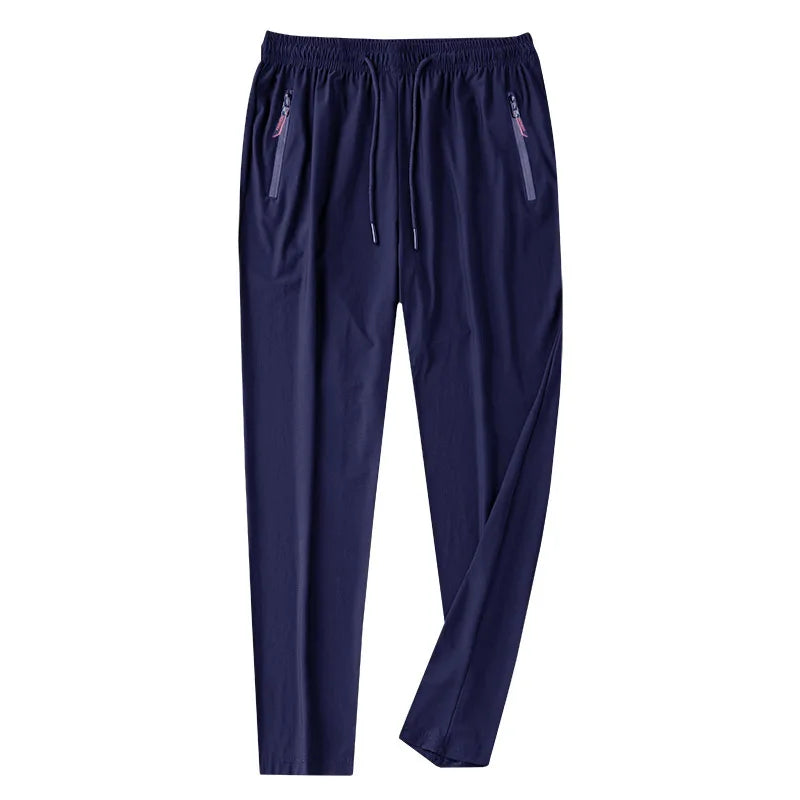 New Men Running Pants Ice silk elastic Breathable stripe Quick Dry Training Fitness Zip Pocket Joggings Pant Male Gym Sweatpants