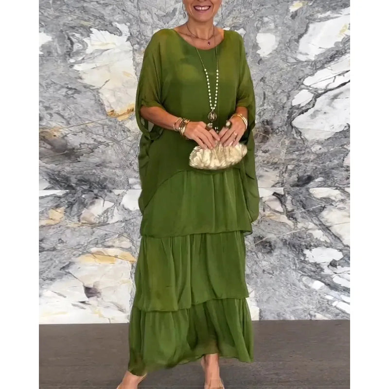 Fashion O-Neck Solid Commuter Long Dress Elegant Casual Layered Ruffle Edge Party Dress Bat Sleeve Chiffon Beach Vacation Dress
