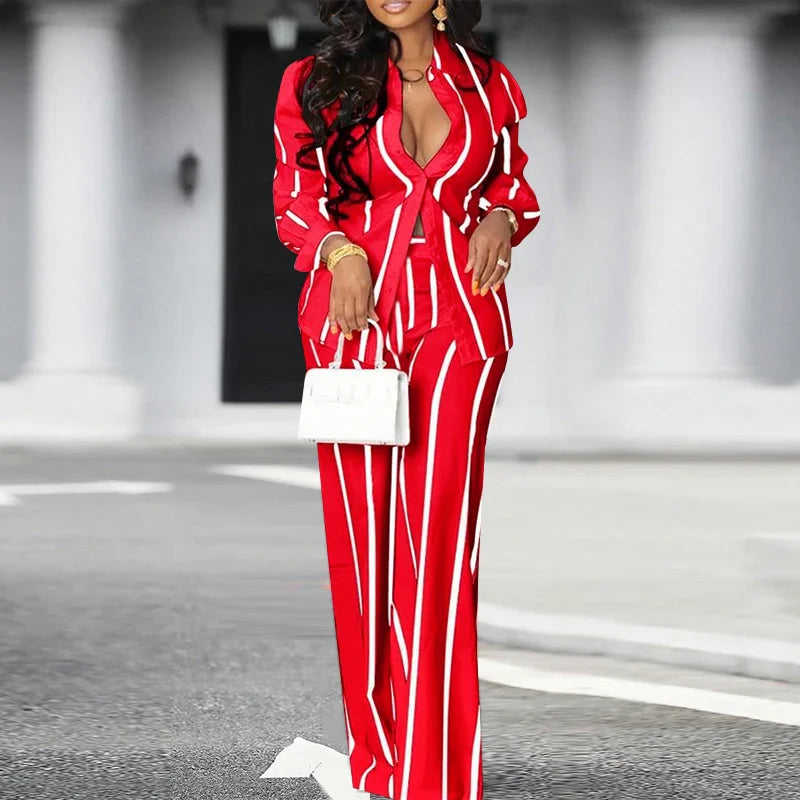 Plus Size 5XL VONDA Women Pants Sets 2024 Matching Sets Vintage Striped Shirt Trouser Casual Two-Piece Sets Office Lady Suits