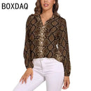 Blue Snakeskin Printed Vintage Blouse Oversize Women's Spring Summer Long Sleeve Lapel  Blouses Fashion OL Female Classic Shirt