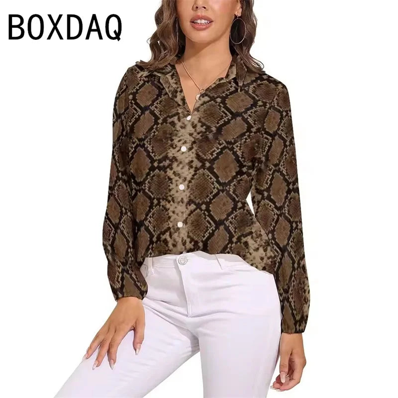 Blue Snakeskin Printed Vintage Blouse Oversize Women's Spring Summer Long Sleeve Lapel  Blouses Fashion OL Female Classic Shirt