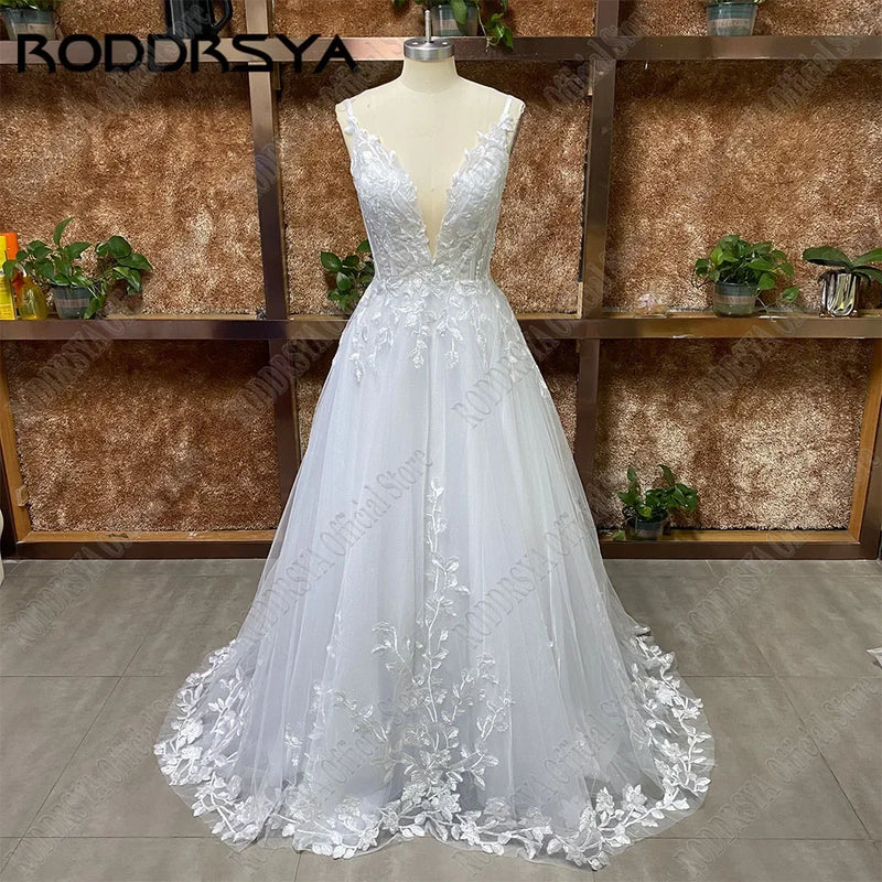 RODDRSYA Spaghetti Straps Glitter Wedding Dress Women V-Neck Applique Backless Boho Vestidos De Novia Sweep Train Customized