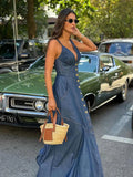 Retro Deep Blue Fold Women Denim Maxi Dress Fashion Short Sleeve V Neck Button Slim Fit Long Dresses Lady New Commute Chic Robes