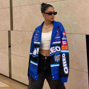 Zekye Spring Women Jacket Long Sleeve Racing Baseball Jacket Varsity Blue Printed Casual Loose Coat Motorcycle Jacket 2024