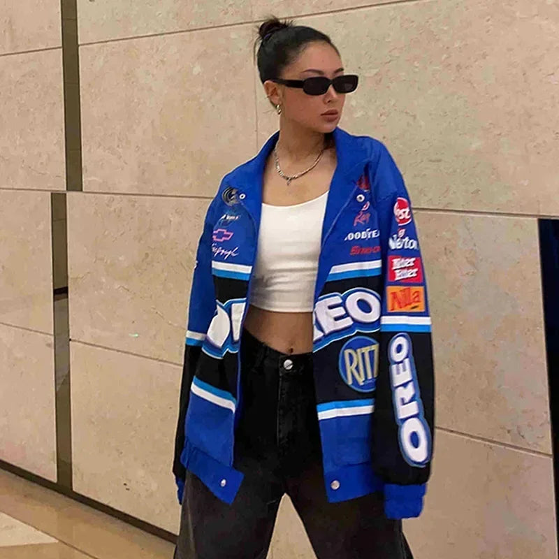 Zekye Spring Women Jacket Long Sleeve Racing Baseball Jacket Varsity Blue Printed Casual Loose Coat Motorcycle Jacket 2024