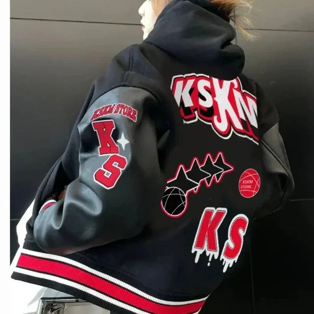 European and American Fashion Letter Embroidered Jackets Unisex Couple Contrasting Color Y2K Hip Hop Loose Leather Jackets Men
