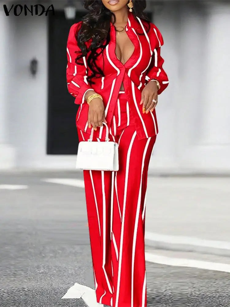 Plus Size 5XL VONDA Women Pants Sets 2024 Matching Sets Vintage Striped Shirt Trouser Casual Two-Piece Sets Office Lady Suits