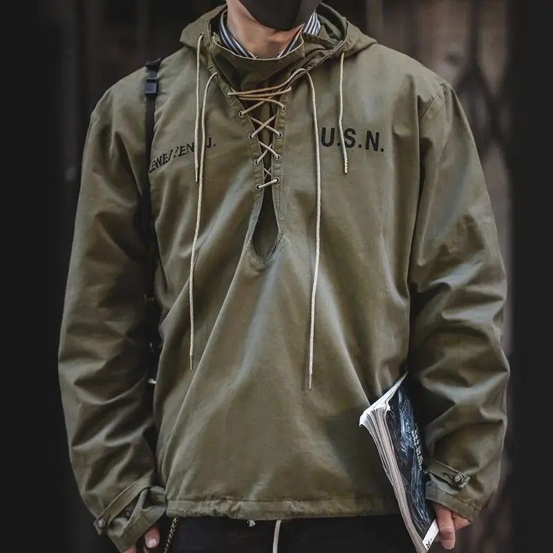 Spring Autumn Retro Cargo Drawstring Workwear Army Pullover Hood New Hoddies Military Male Windbreaker War Coat Work Clothes