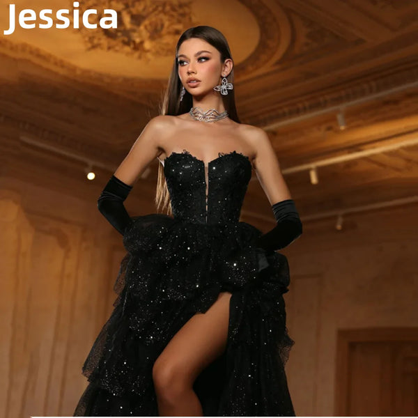 Jessica Black Lace Embroidery Prom Dresses Glitter Tulle Layering Prom Dress Formal Party Dressese Vestidos De Fiesta Customized