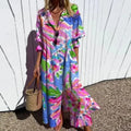 New Women's V-neck Single Breasted Shirt Dress Casual Loose Bohemian Long Dress 2025 Retro Pattern Printed Loose Vacation Dress