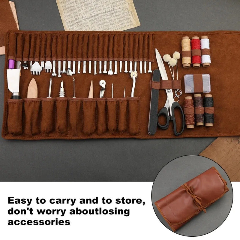 KRABALL 48/72pcs Leather Craft Sewing Working Tools Kit with Upholstery Thread Awl Needles Thimble for Repair Stitching DIY