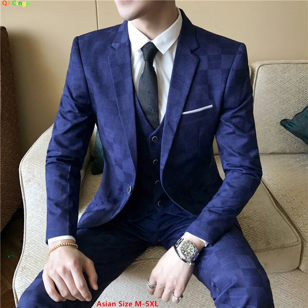 Blue Men's Plaid Blazer Jacket and Vest with Pants, Gray & Burgundy Available, Asian Size Mens Three Piece Set