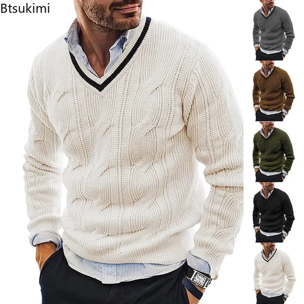 New2025 Men's Winter Knitted Sweater V-Neck Knitted Pullovers Club Party Solid Slim Warm Knitwear Sweaters  Male Streetwear Tops