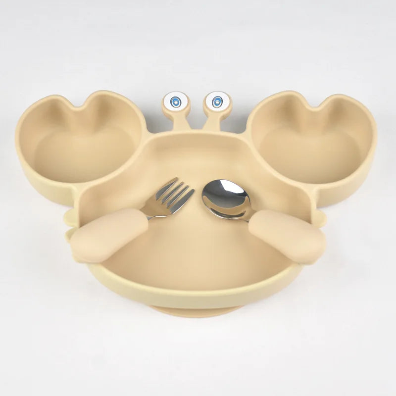 3Pcs/Set Baby Safe Silicone Dining Plate Food Feeding With Spoon Fork Cartoon Children Dishes Prevent Tipping Over And BPA Free