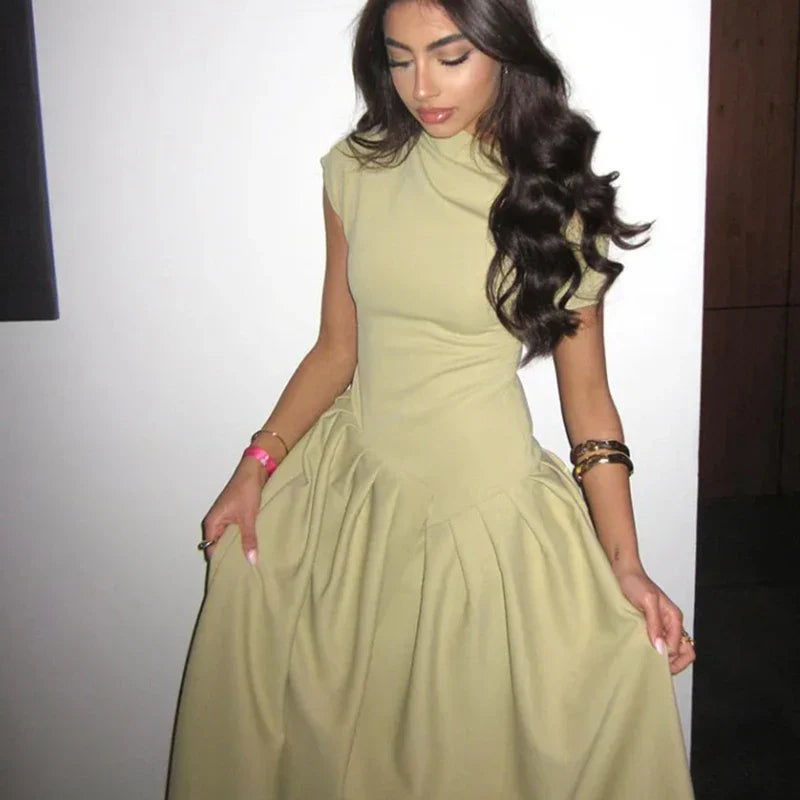 Irregular Elegant Pleated Midi Dress For Women Fashion Street Short Sleeve Patchwork Long Dress Casual Office Lady Neck Vestidos