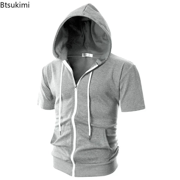 New 2025 Men's Casual Sweatshirts Short Sleeve Hoodies Jacket Solid Slim Zip Man Sport Tops Comfotable Outdoor Clothes for Men