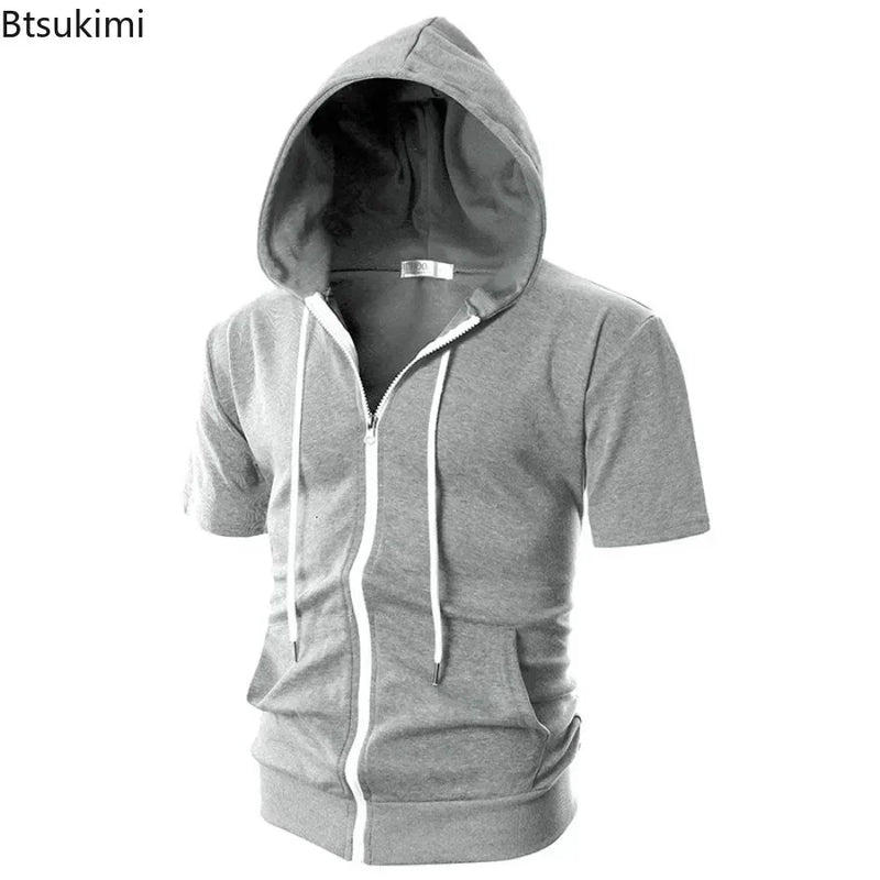 New 2025 Men's Casual Sweatshirts Short Sleeve Hoodies Jacket Solid Slim Zip Man Sport Tops Comfotable Outdoor Clothes for Men