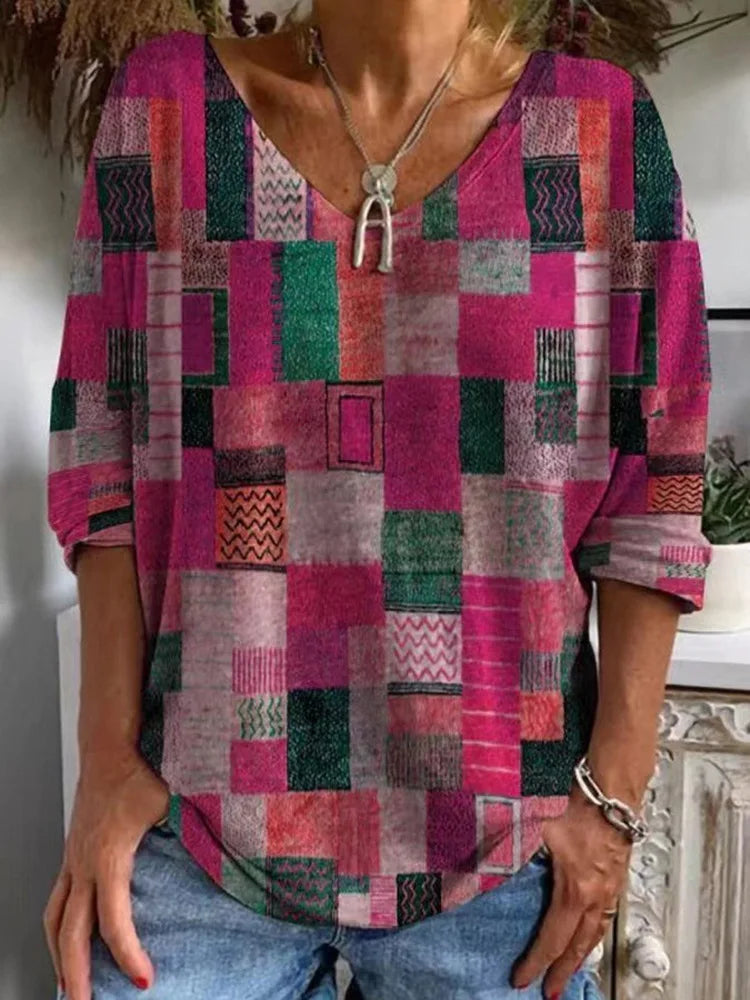 Autumn New Fashion Long-Sleeved Women's T-Shirt Top V-Neck Casual Loose Streaks Printed Streetwear Women Pullover T Shirts