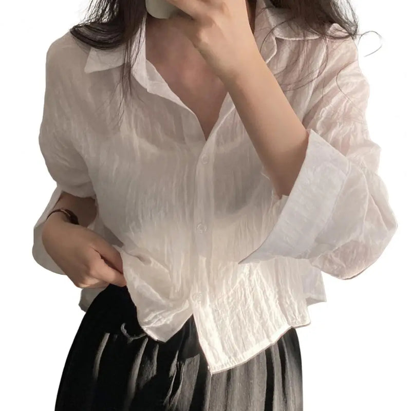 Women Shirt Turn Down Collar Cardigan Shirt Women Solid Color Sun Shirt