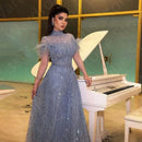 Customized Sparkling Baby Blue Evening Dresses Middle East 2024 Prom Party Gown Short Sleeves Feathers Wedding Guest Gown Sequin