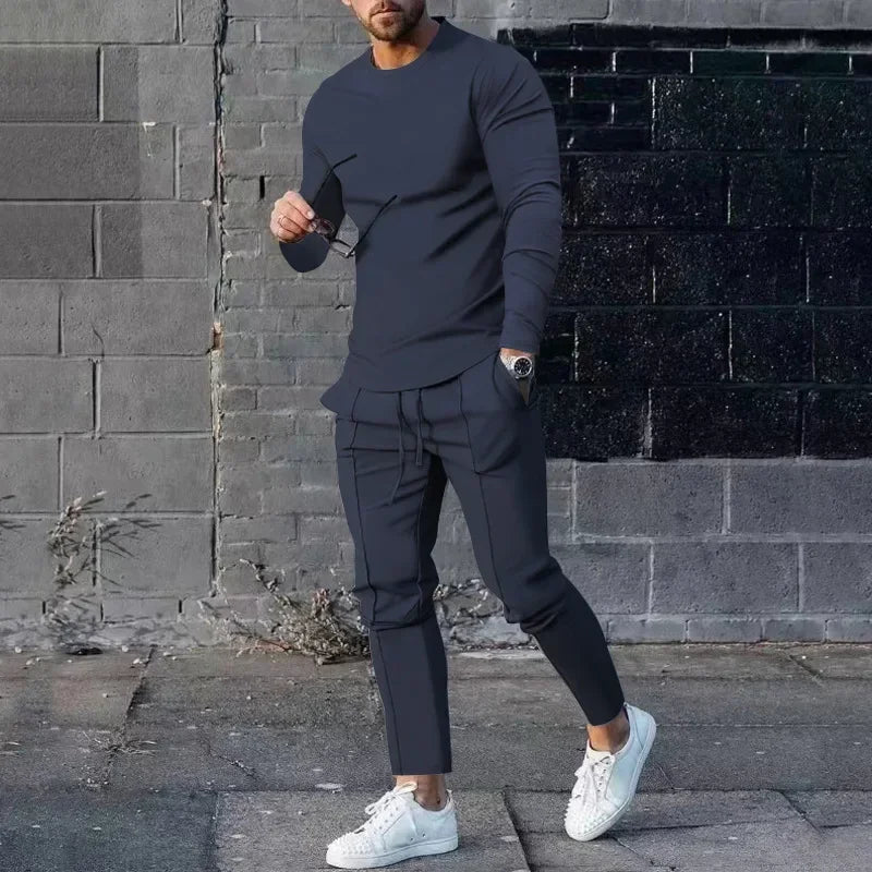 2025 Spring New Men's Casual Sport Two-pieces Fashion Solid Long Sleeve O-neck T-shirt and Sweatpants Suits Men Tracksuit Outfit