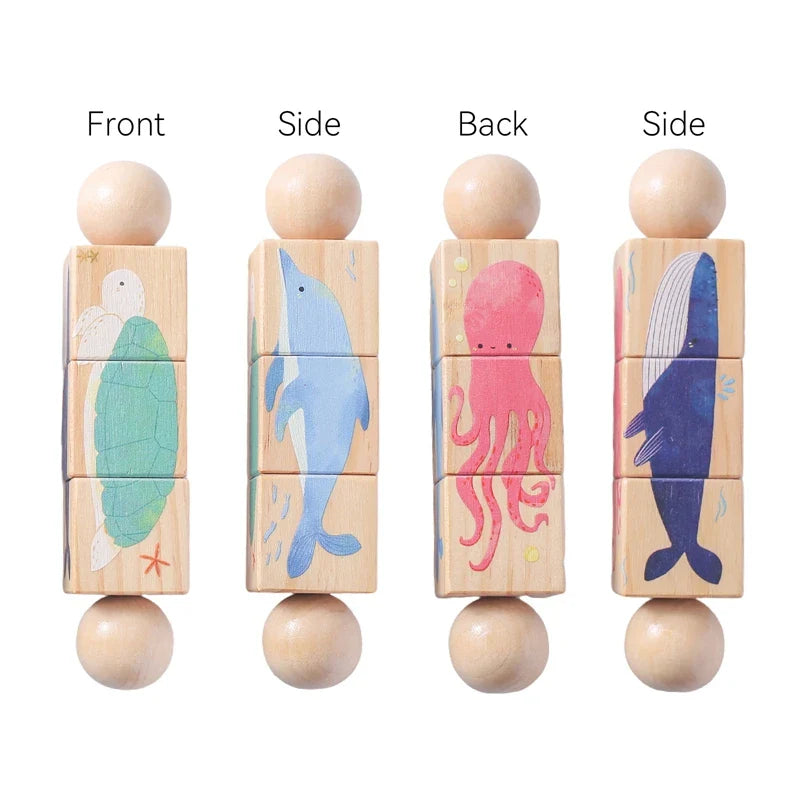 1PC Wooden Baby Rattles Toy Rotating Animal Shaped Matching Blocks Toy Baby Exercise Coordination Puzzle Montessori Toy Kid Gift