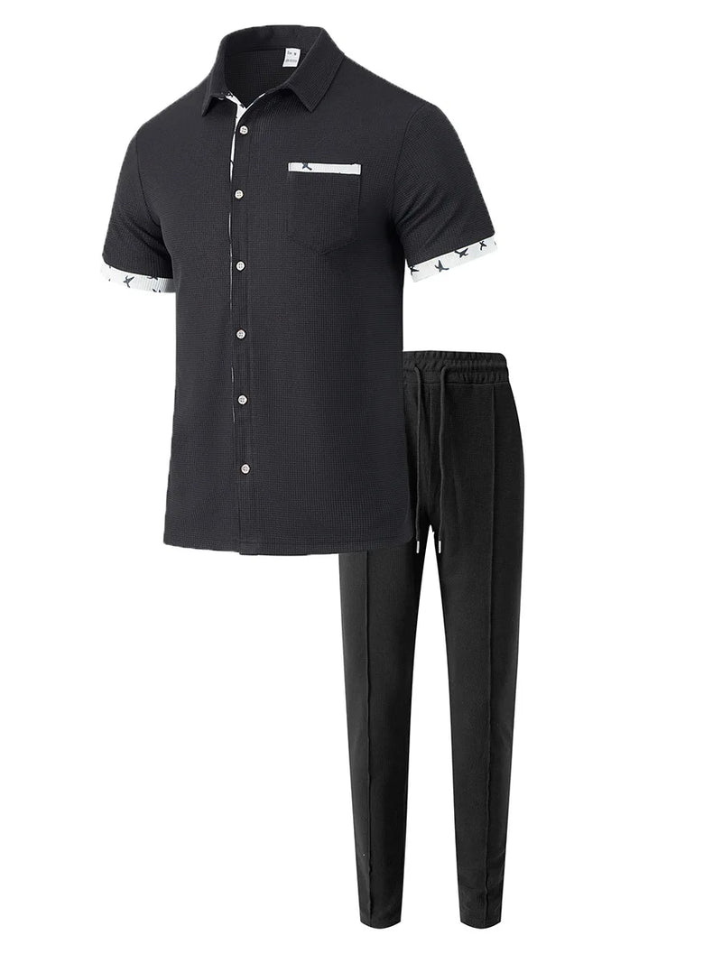 Summer new men's short-sleeved long pants suit 2025 sport and casual men's style for teenagers two-piece set