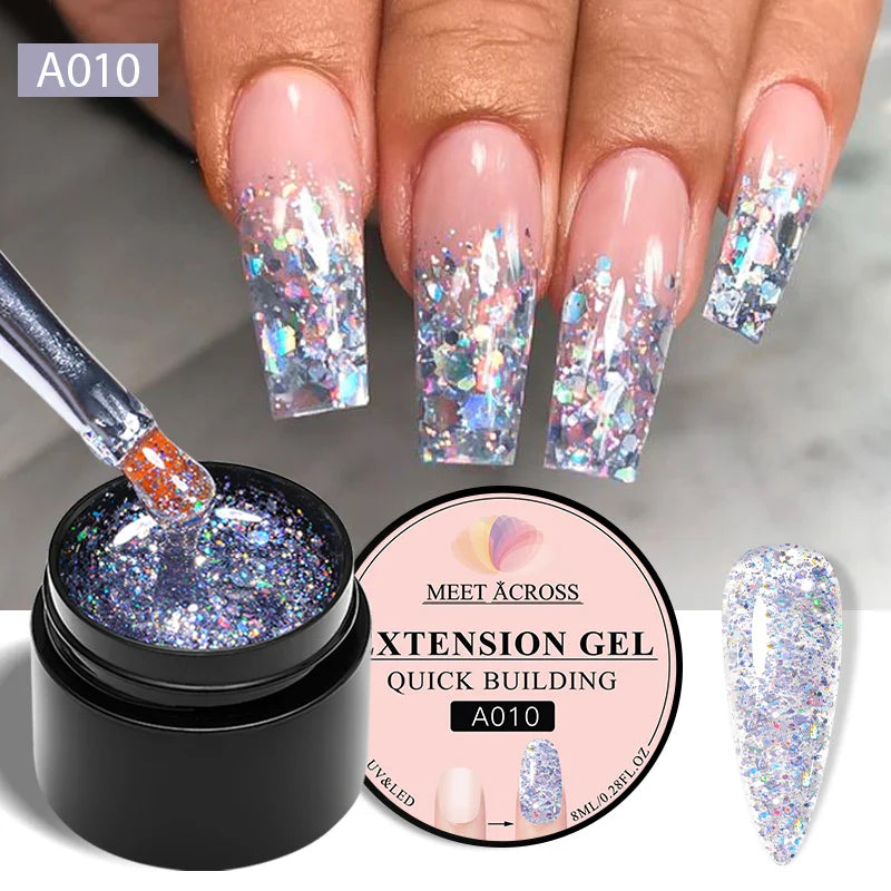 MEET ACROSS 8ml Aurora Extension Nail Gel Polish Glitter Sparkling Nail Art Semi Permanent Building Gel For Nails Manicure