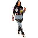 Letter Print Color Patchwork Woolen Varsity Jacket Women Long Sleeve Single Breasted Short Baseball Coat Casual Sporty Outwear