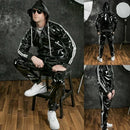 New Men's Hooded Suit PU Leather Casual Sports Bright Leather Top Plus Pants Jogging Suit