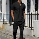 2024 Cross-border AliExpress men's Waffle Men casual fashion stand collar short sleeve pants suit