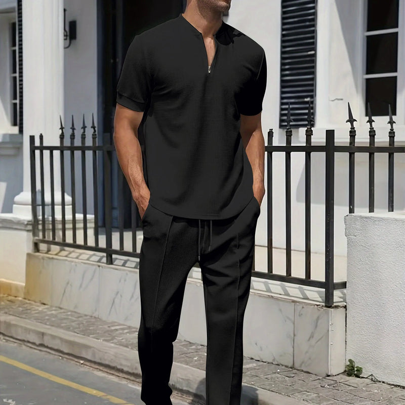 2024 Cross-border AliExpress men's Waffle Men casual fashion stand collar short sleeve pants suit