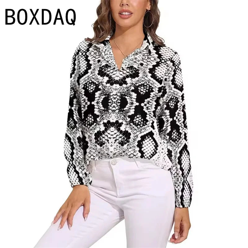 Blue Snakeskin Printed Vintage Blouse Oversize Women's Spring Summer Long Sleeve Lapel  Blouses Fashion OL Female Classic Shirt