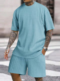 Men's crew neck T-shirt two-piece new style spring and summer striped yarn woven outdoor sports casual short-sleeved suit
