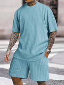 Men's crew neck T-shirt two-piece new style spring and summer striped yarn woven outdoor sports casual short-sleeved suit