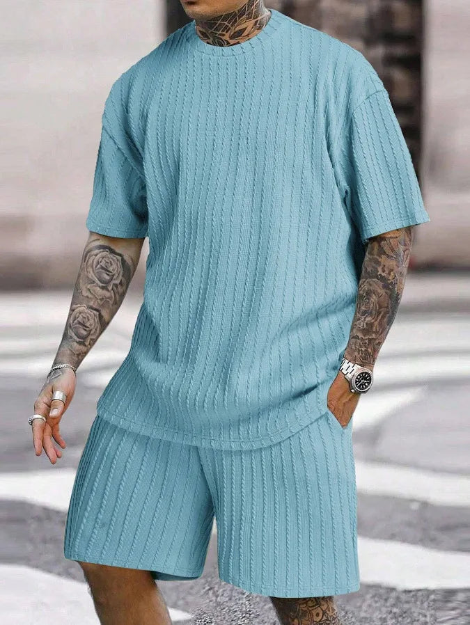 Men's crew neck T-shirt two-piece new style spring and summer striped yarn woven outdoor sports casual short-sleeved suit