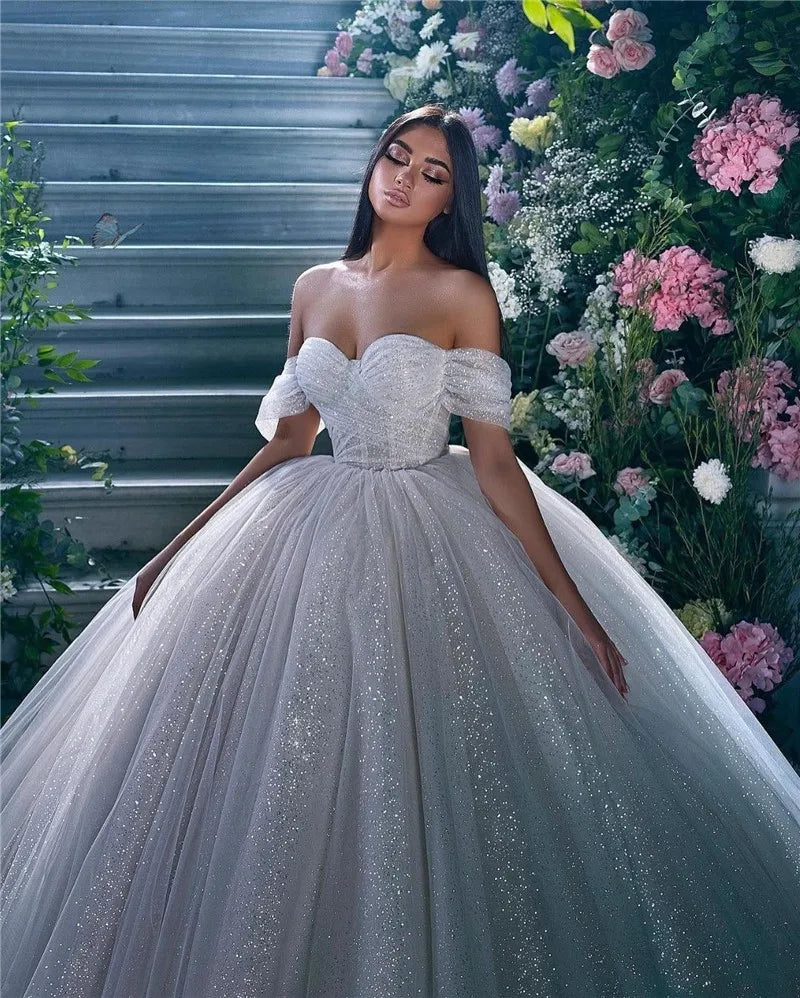 LORIE Shiny Glitter Princess Wedding Dresses A Line Off The Shoulder Bride Dress Sweetheart Neck Dubai Wedding Gowns Customized