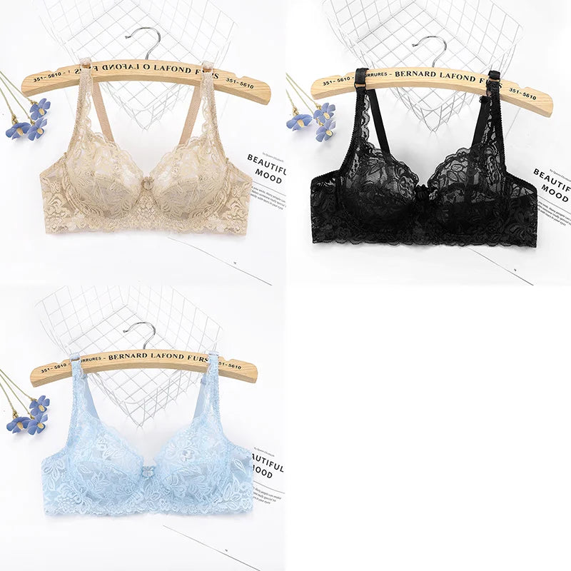 ALLTOOALL 3PC Women Sexy Lace Bras Plus Size Push Up Bralette Female Underwired Underwear Hollow Out Lingerie Embroidery Bra