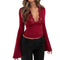 New Fashion Women's Fall Sexy Tops Slim Lace Trim Deep V Neck Bell Sleeve Crop Shirt Casual Streetwear