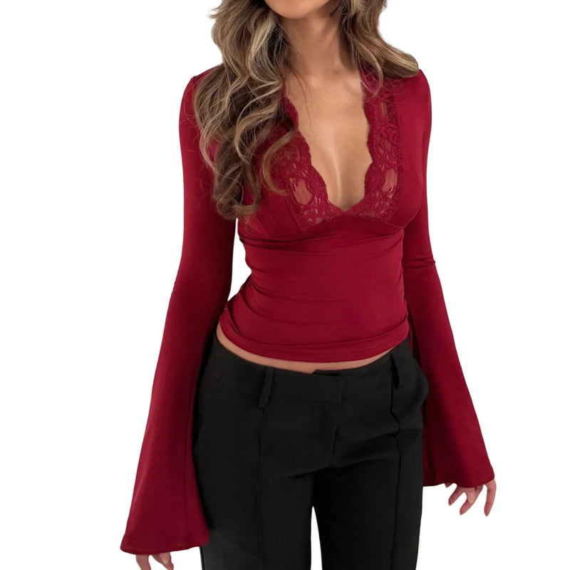 New Fashion Women's Fall Sexy Tops Slim Lace Trim Deep V Neck Bell Sleeve Crop Shirt Casual Streetwear