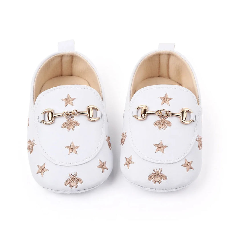 PU Leather Baby Shoes Embroidered Stars Christening Baptismal Moccasins Infant Boys Girls Slip-On Peas Shoes Walking Shoes 0-18M