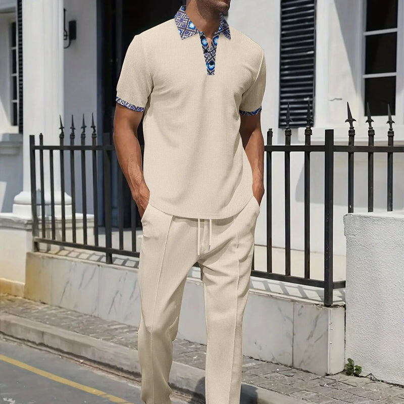 2025 new men's summer trend two-piece waffle collar short sleeve pants Business casual loose short sleeve + pants suit