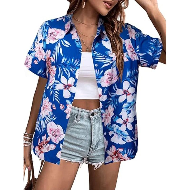New Women's Short Sleeve T-shirts Fashionable 3d Floral Printed Casual Hawaii Style Basic Tops Lapel Short Sleeve Shirt Summer
