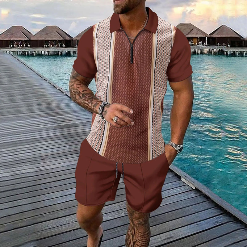 2025 summer new men's striped daily casual short-sleeved shorts two-piece sports casual men's suit