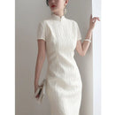 High-end Short Sleeved Cheongsam Dress Elegant Fashion Summer New Exquisite Jacquard White Temperament Celebrity Stand Collar